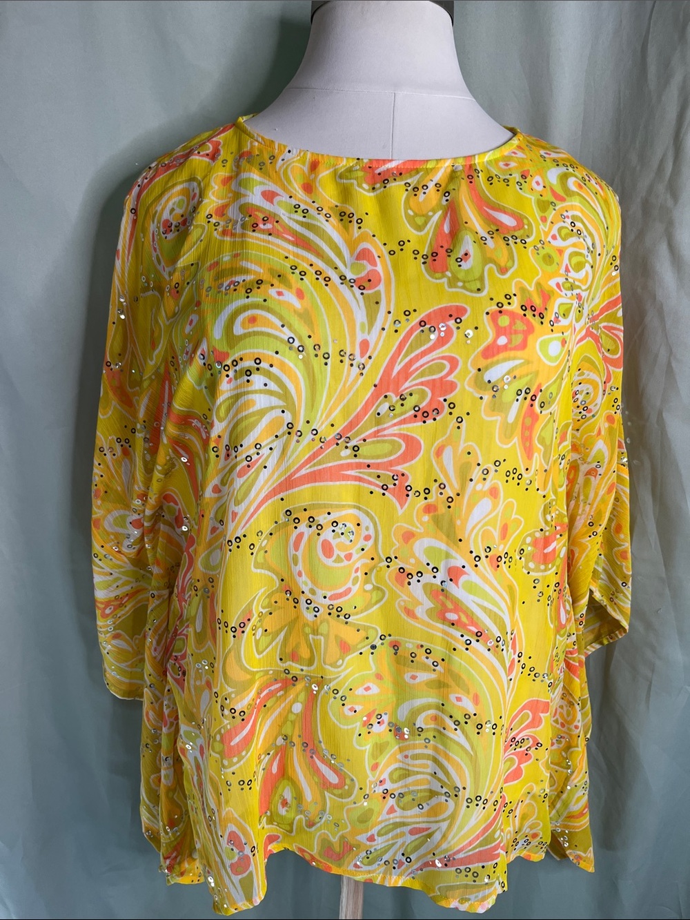 Bob Mackie Wearble Art Bright Yellow Floral-Print Women’s Tunic Top with Sequins